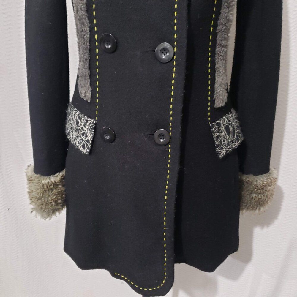 BKE Black Double Breasted Pea Coat Faux Fur S - Picture 3 of 12
